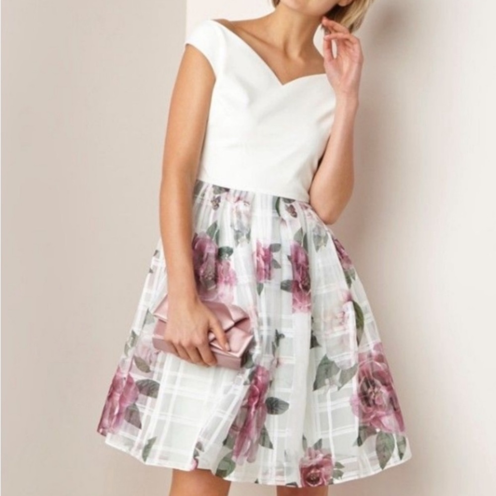 TED BAKER LICIOUS BARDOT PLEATED FLORAL FIT & FLARE  DRESS SZ US 2 OR TED SZ 0